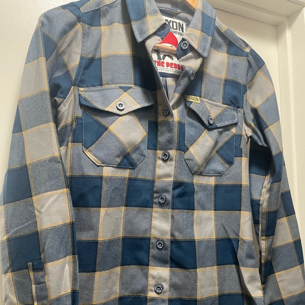 Blue, grey, yellow flannel, in great condition.